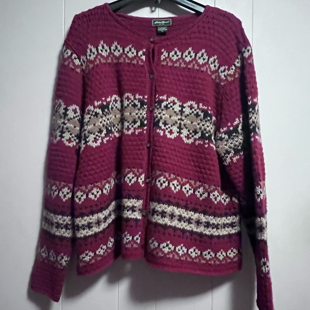 Eddie Bauer Burgundy and Cream Cardigan